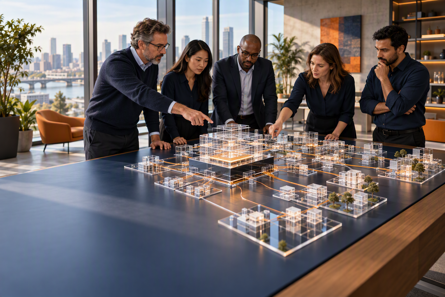 Cloud architects designing a scalable system around a connected model