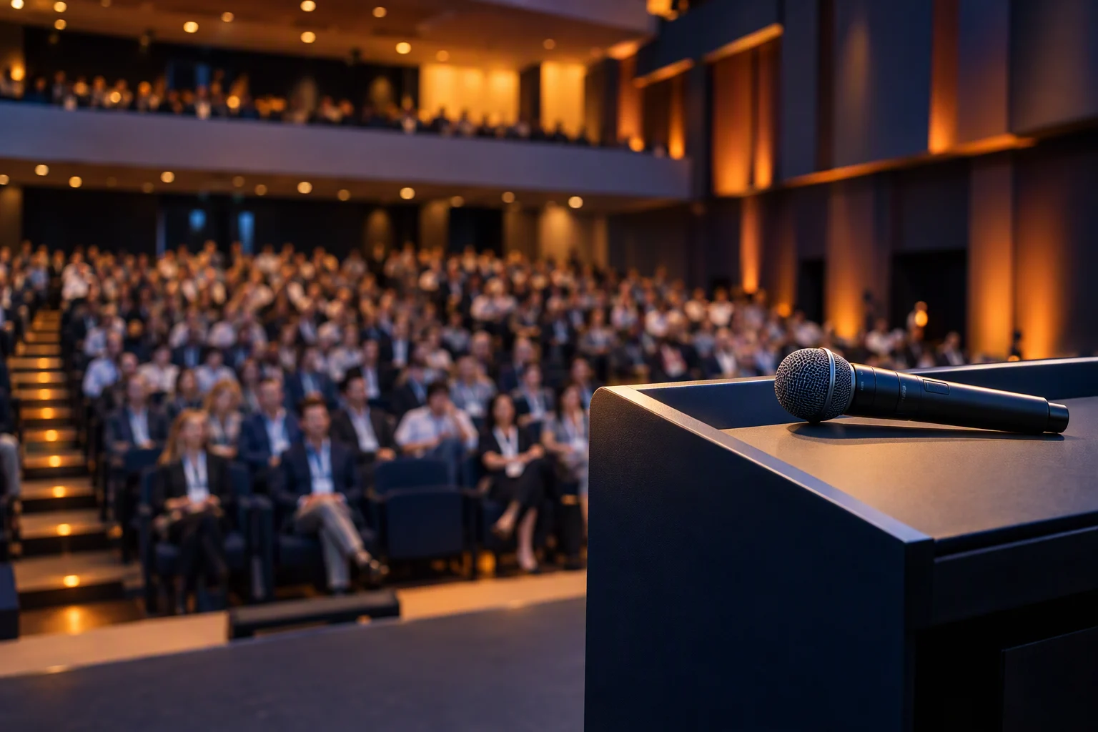 Illustration of a microphone on a conference stage