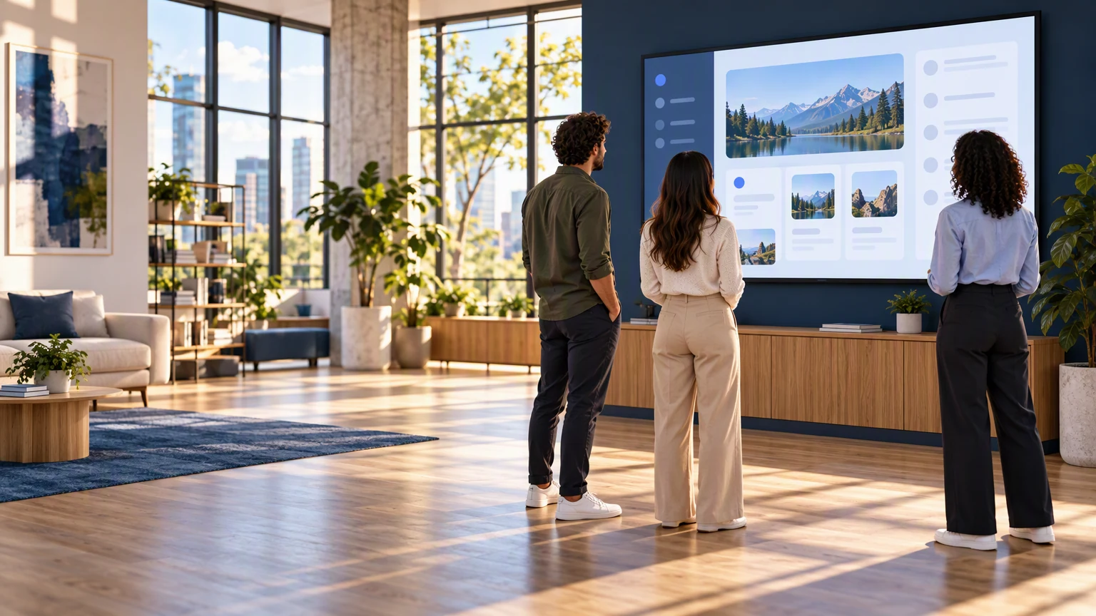 A product team reviews useful software in a bright studio.