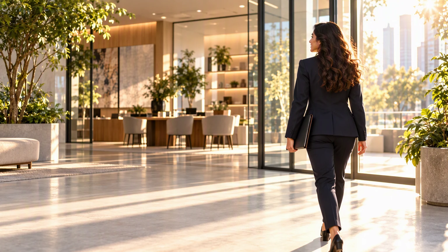 A professional enters a bright workplace ready to apply a new capability.