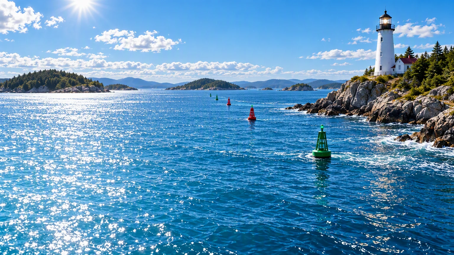 A lighthouse and channel markers identify reliable signals.