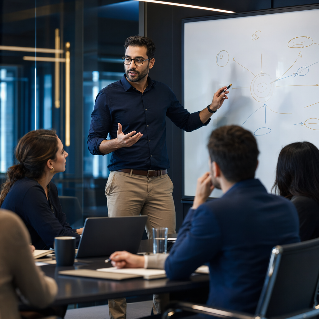 Executive coaching workshop with a presenter and leadership team