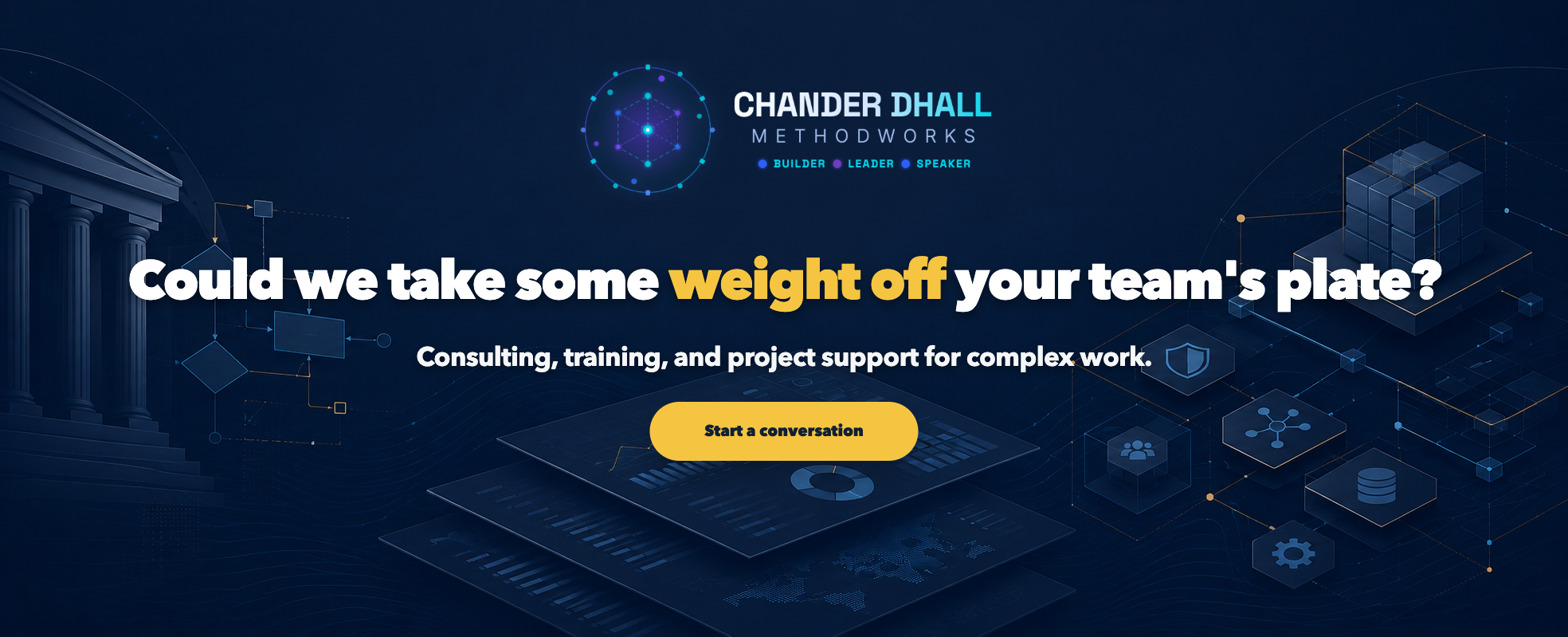 Could we take some weight off your team's plate? Consulting, training, and project support for complex work. Start a conversation.