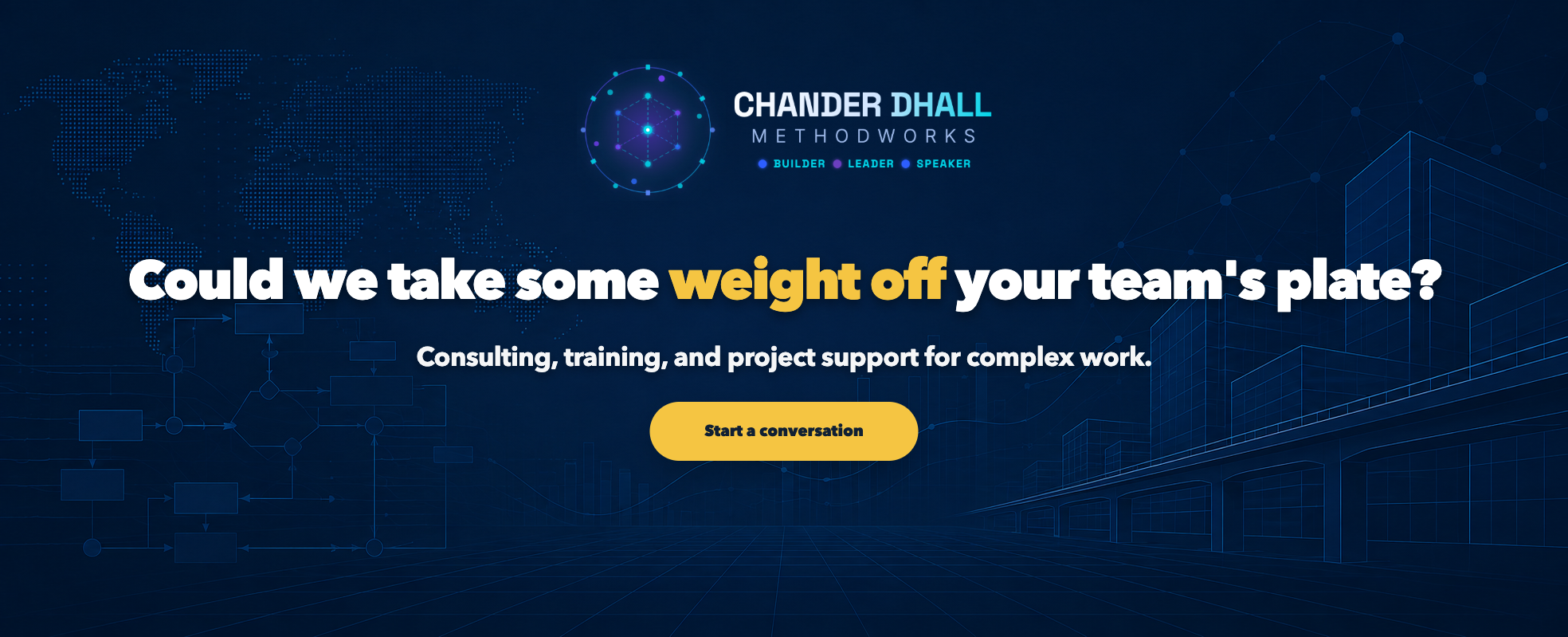 Could we take some weight off your team's plate? Consulting, training, and project support for complex work. Start a conversation.