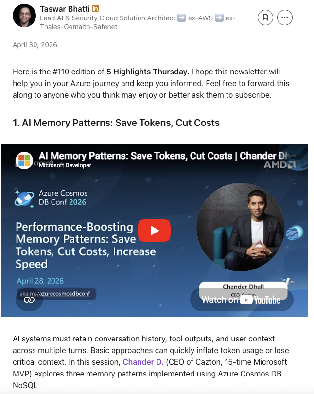 LinkedIn newsletter screenshot highlighting Chander Dhall's AI Memory Patterns talk.