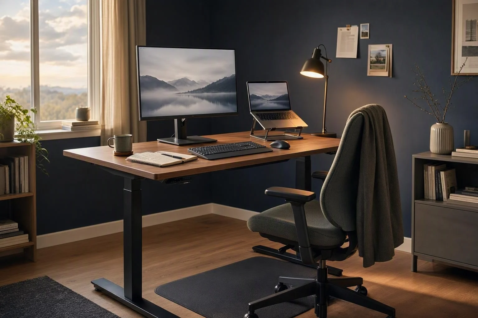 A calm, adjustable desk setup with a monitor, keyboard, chair, daylight, and room to change position.