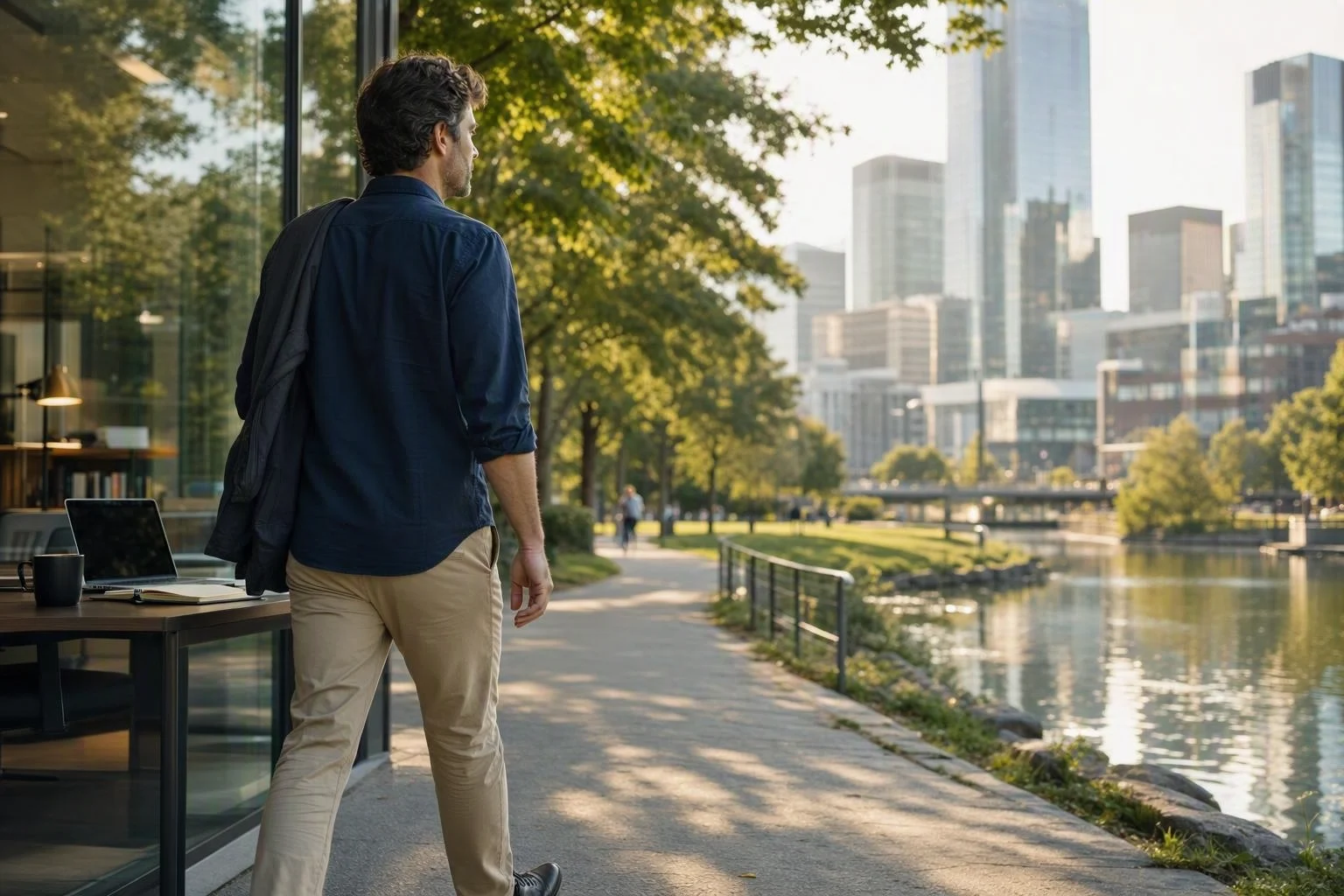 A desk worker taking a relaxed walk outside between periods of focused work.