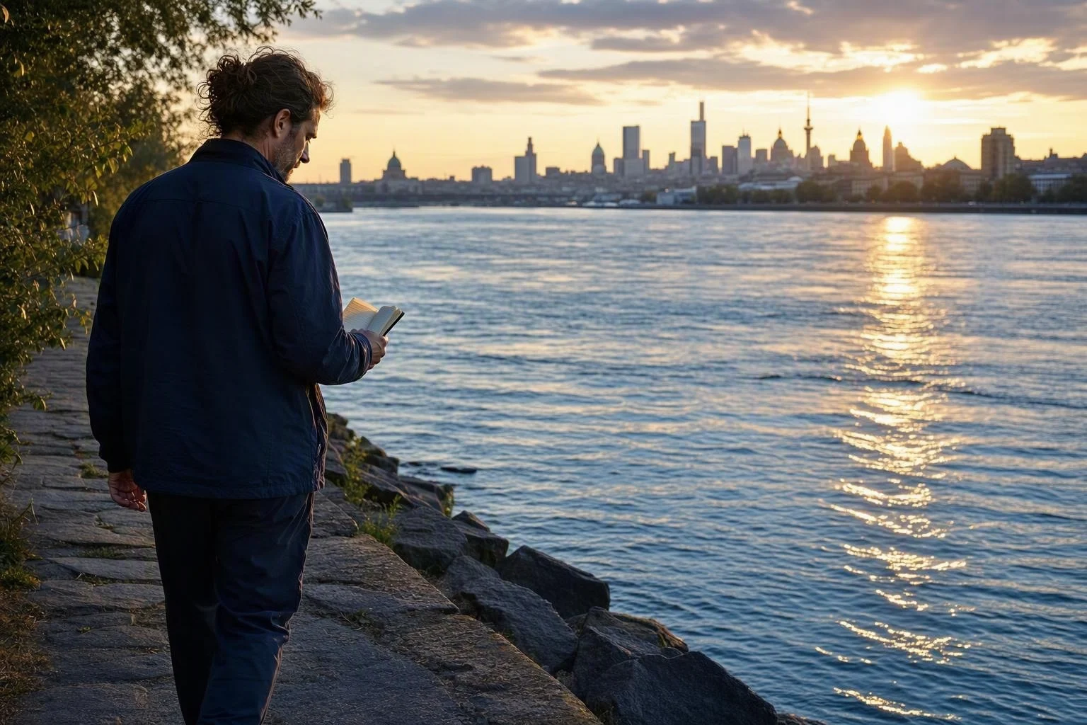 A person walking beside a river with a small notebook, open space, and a distant skyline.