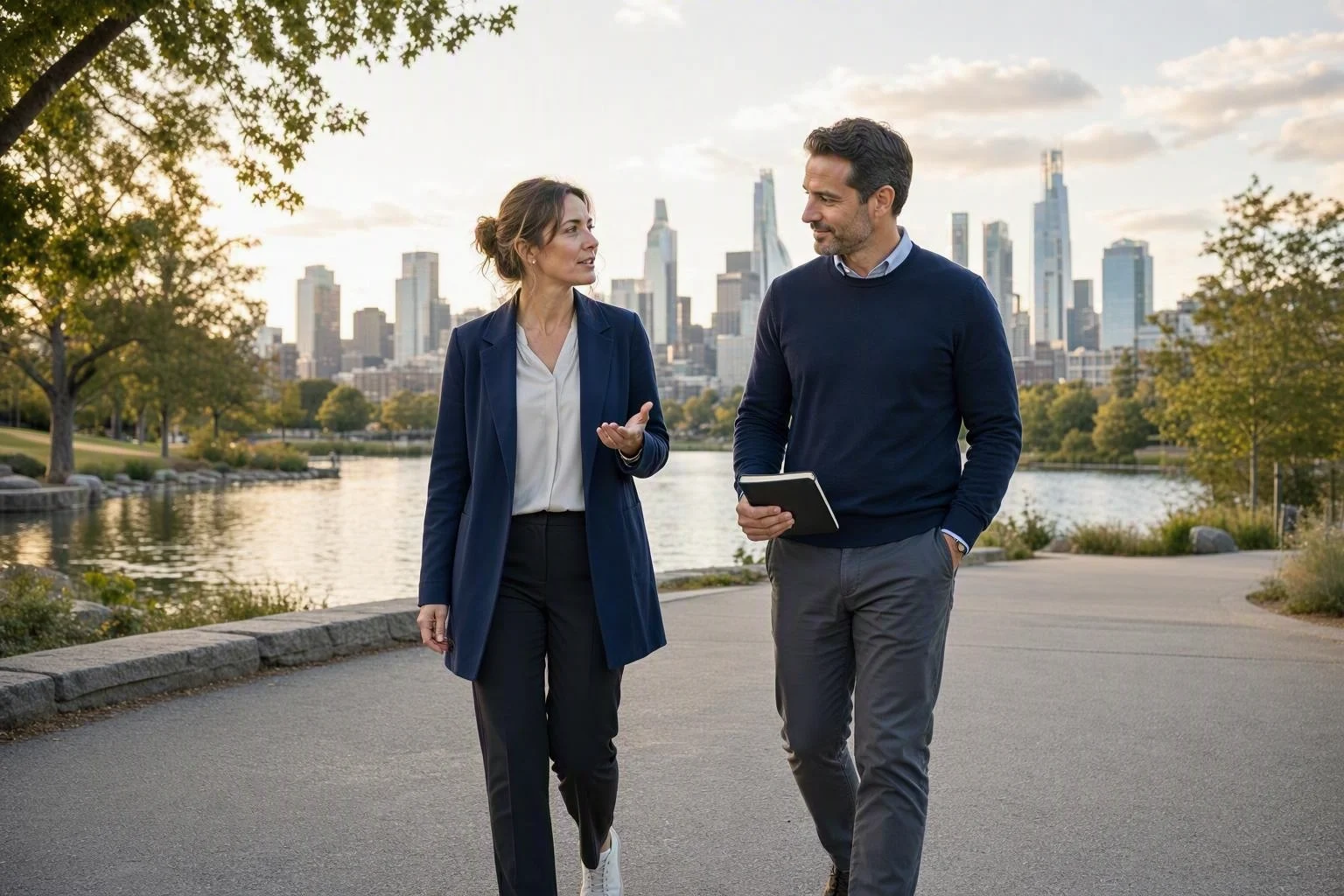 Two colleagues having an attentive conversation while walking on a broad city park path.