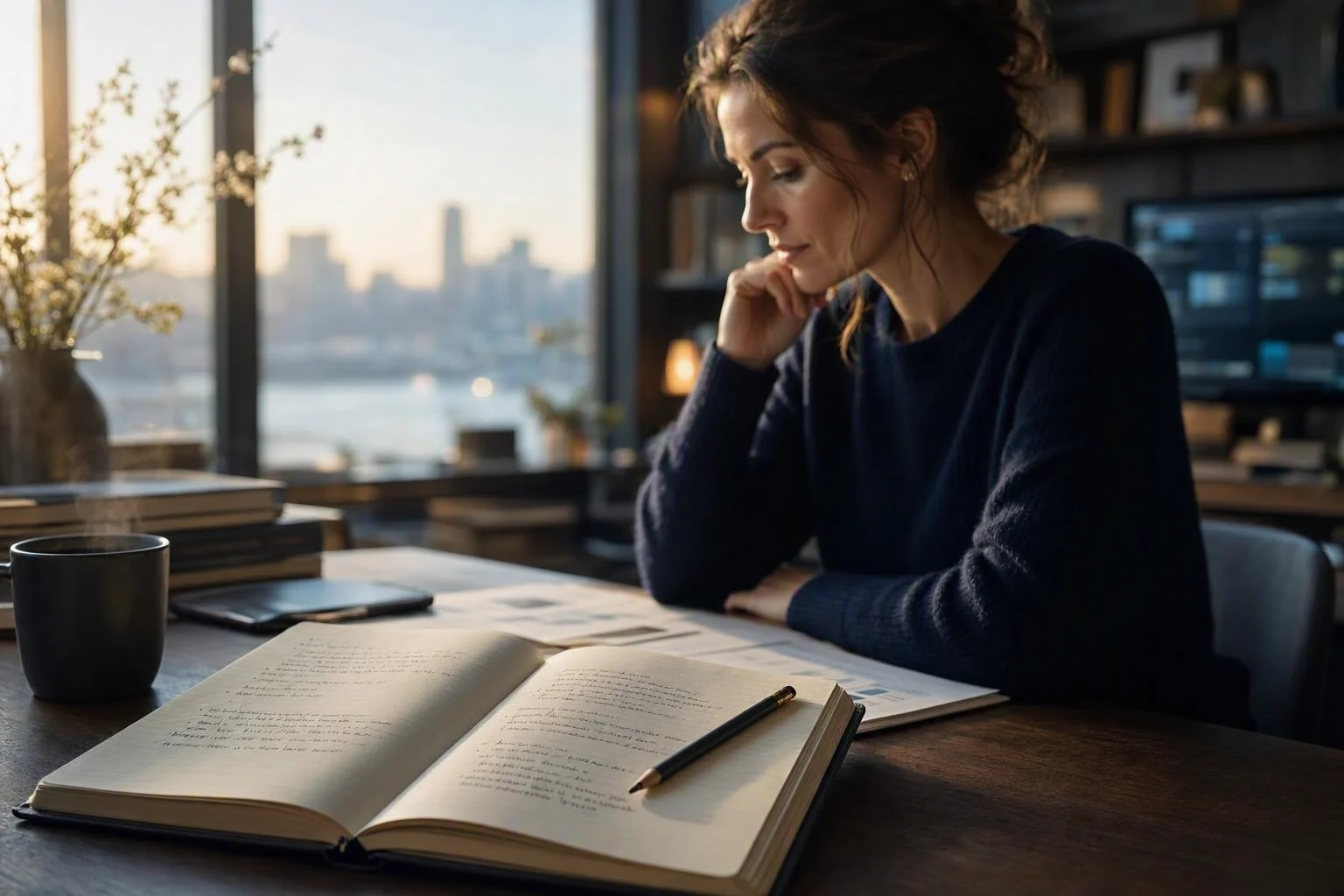 A quiet workspace with one open notebook in focus and background distractions softened by depth of field.