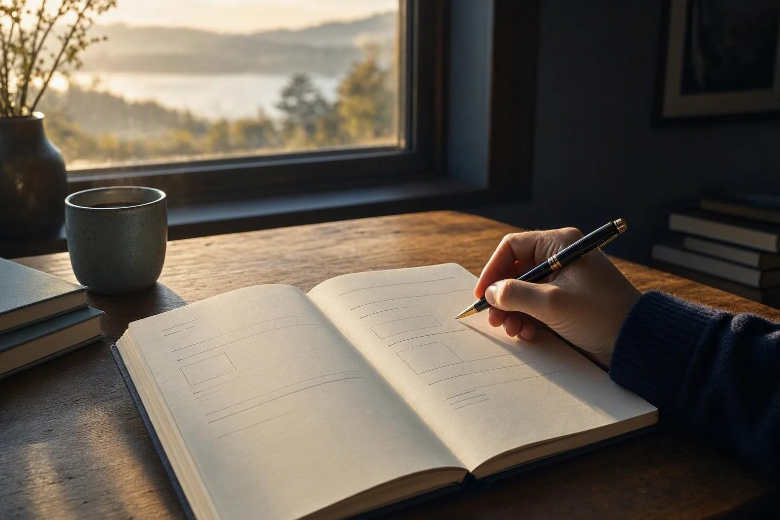 An open decision journal with a few clear prompts beside a pen and morning light.