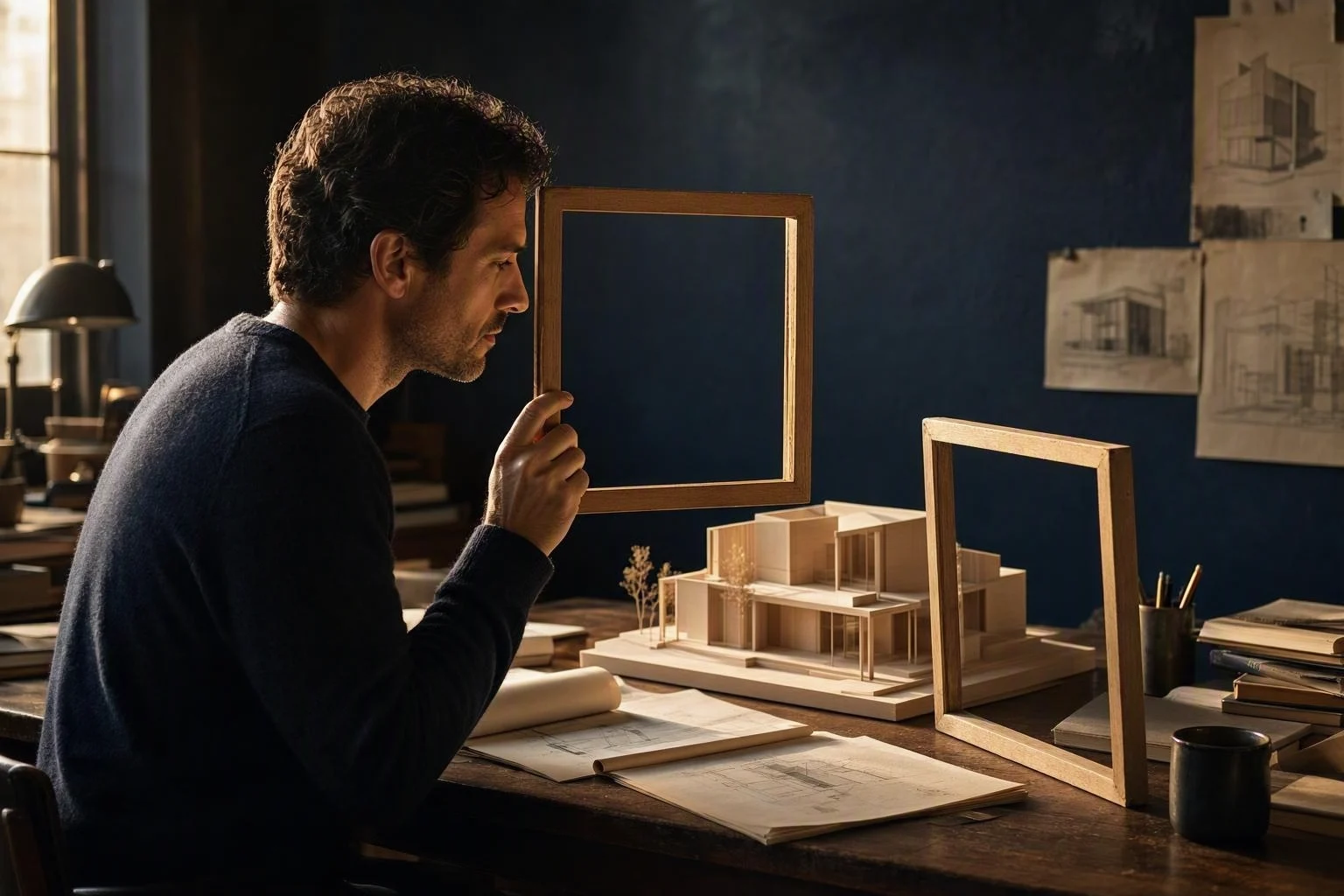 A person viewing the same small model through two different open frames on a worktable.