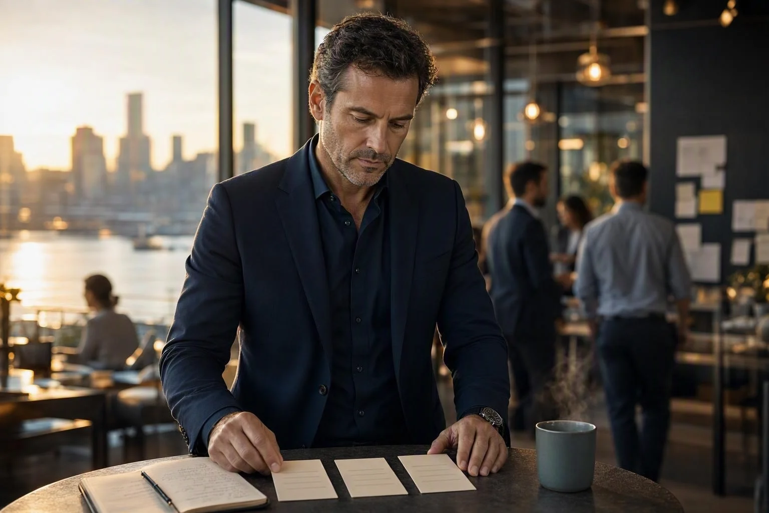 A composed professional reviewing three concise notes before making a decision in a busy room.