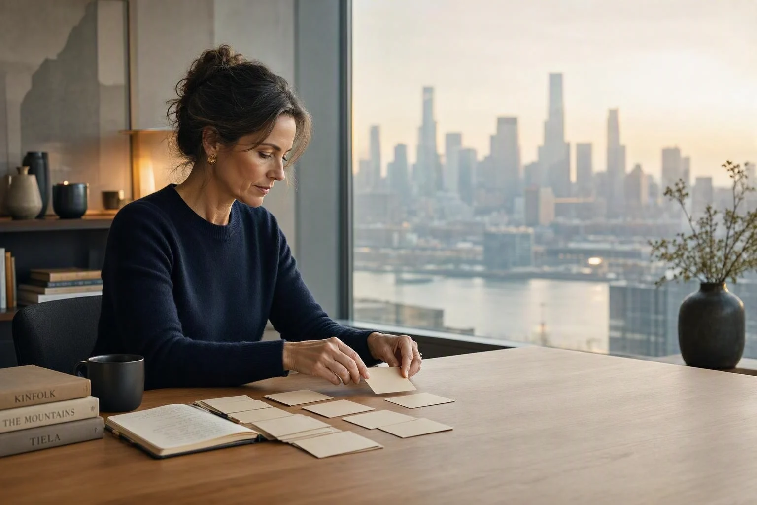 A professional sorting a small set of task cards on a clear desk in warm natural light.