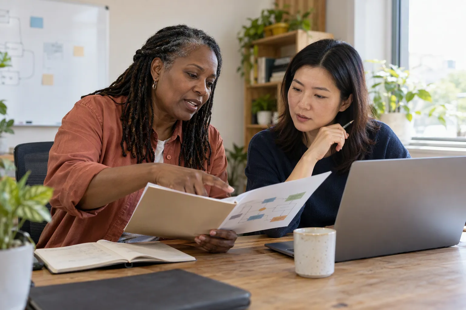 A technical lead explains a handoff folder while a colleague checks a laptop.