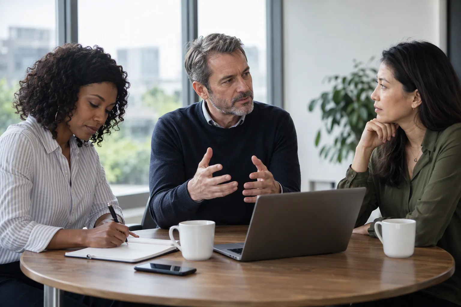 Three colleagues hold a focused conversation around a modest round table.
