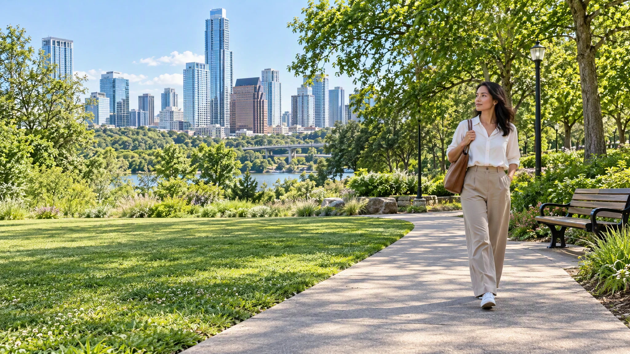 A woman takes a walking break on a green park path overlooking the city.