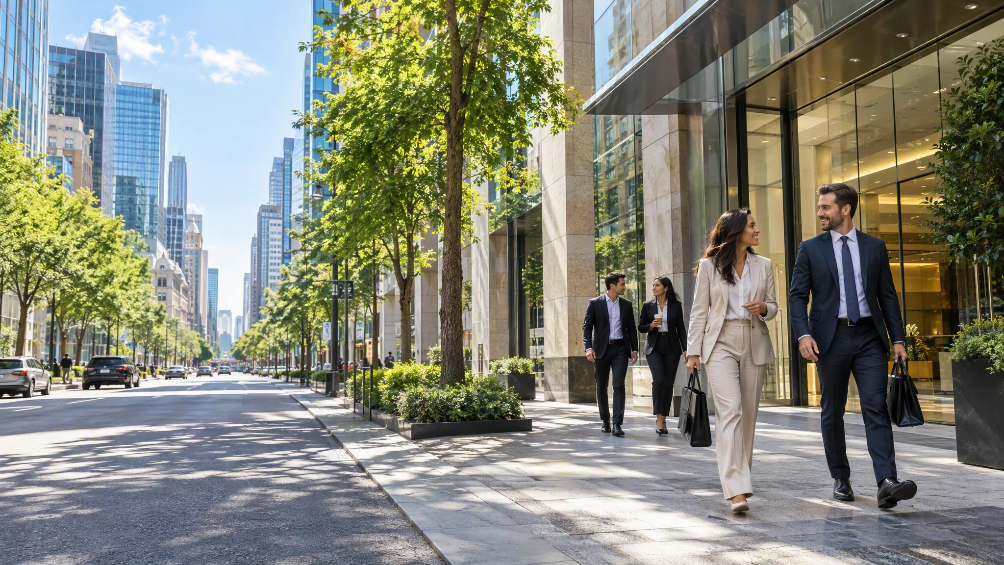 Colleagues walk along a sunlit, tree-lined city street toward a modern workplace.