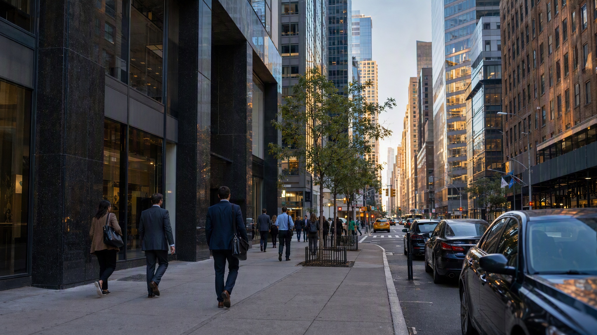 Warm afternoon light falls across a city business district as adults walk along the street.