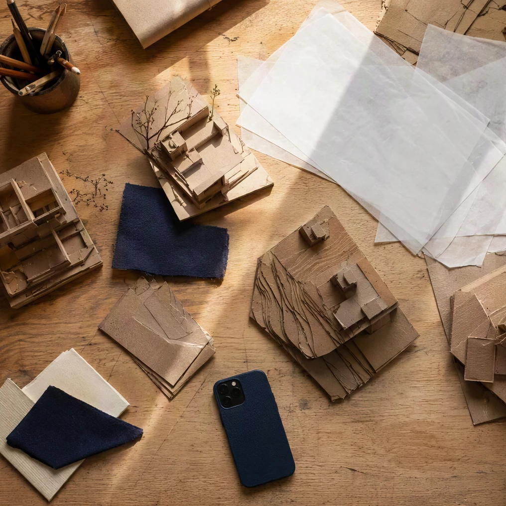 Several architectural models, tracing paper and a phone share a busy worktable.