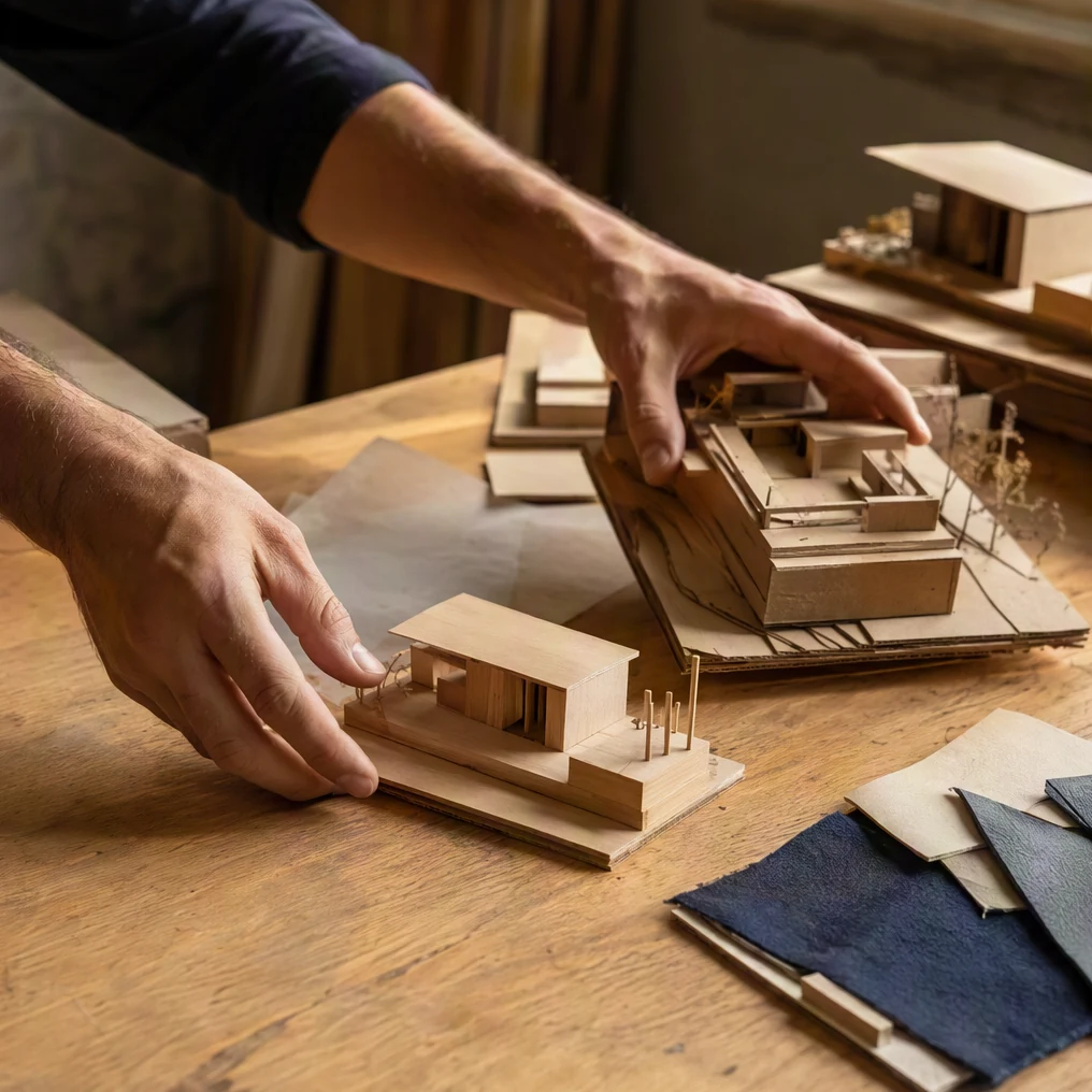 Hands move extra models aside to concentrate on one small wooden building.