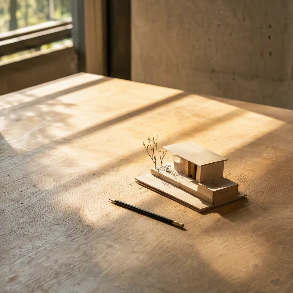 One completed model and a pencil remain on the clear worktable.