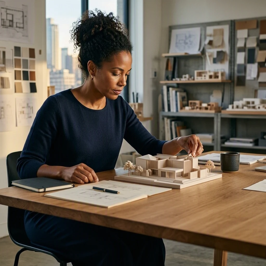 An architect makes a final adjustment to one model at a clear studio worktable.