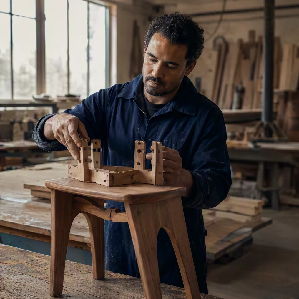 The second craftsperson uses the jig to work on a matching stool.