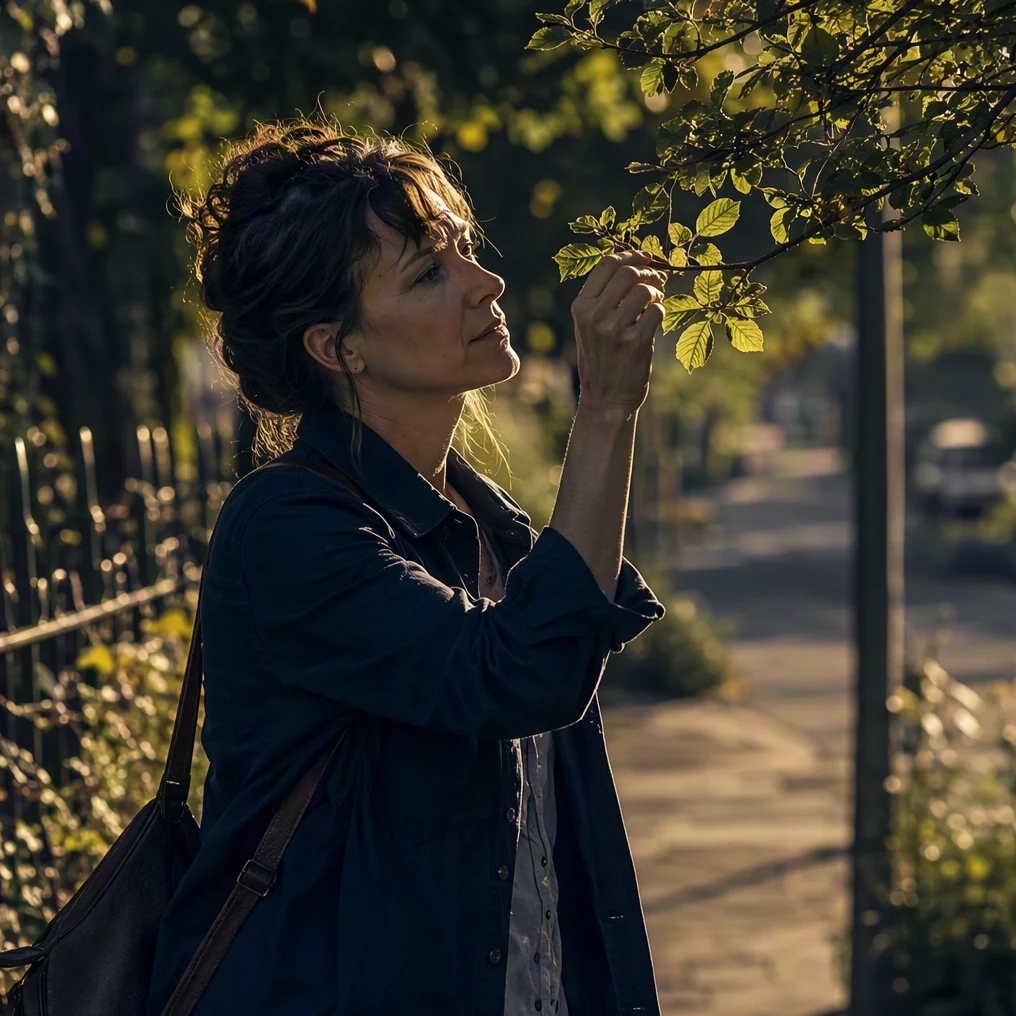 A person pauses on a leafy walkway to examine light through a leaf.