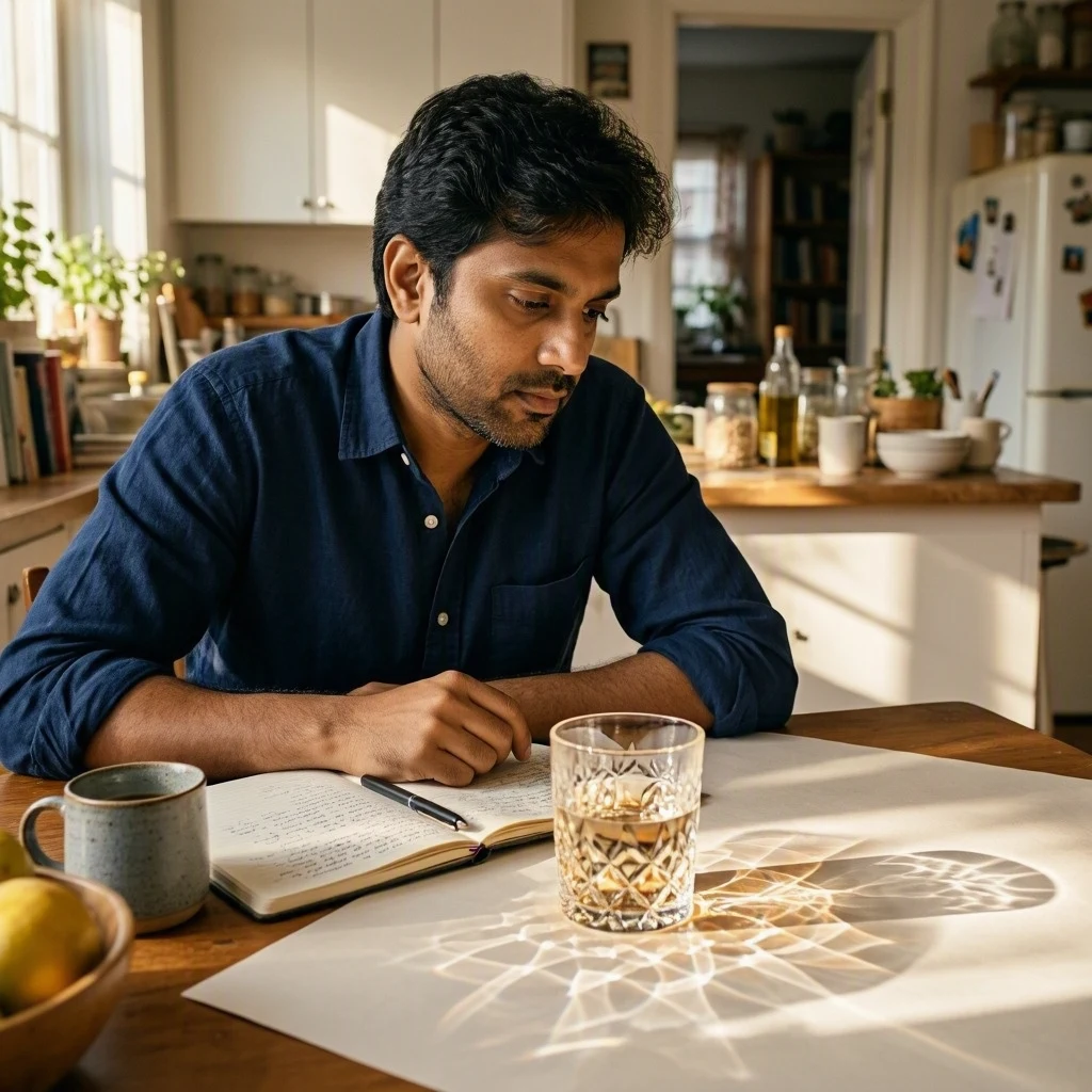 A man notices a pattern of sunlight cast through a glass onto paper.