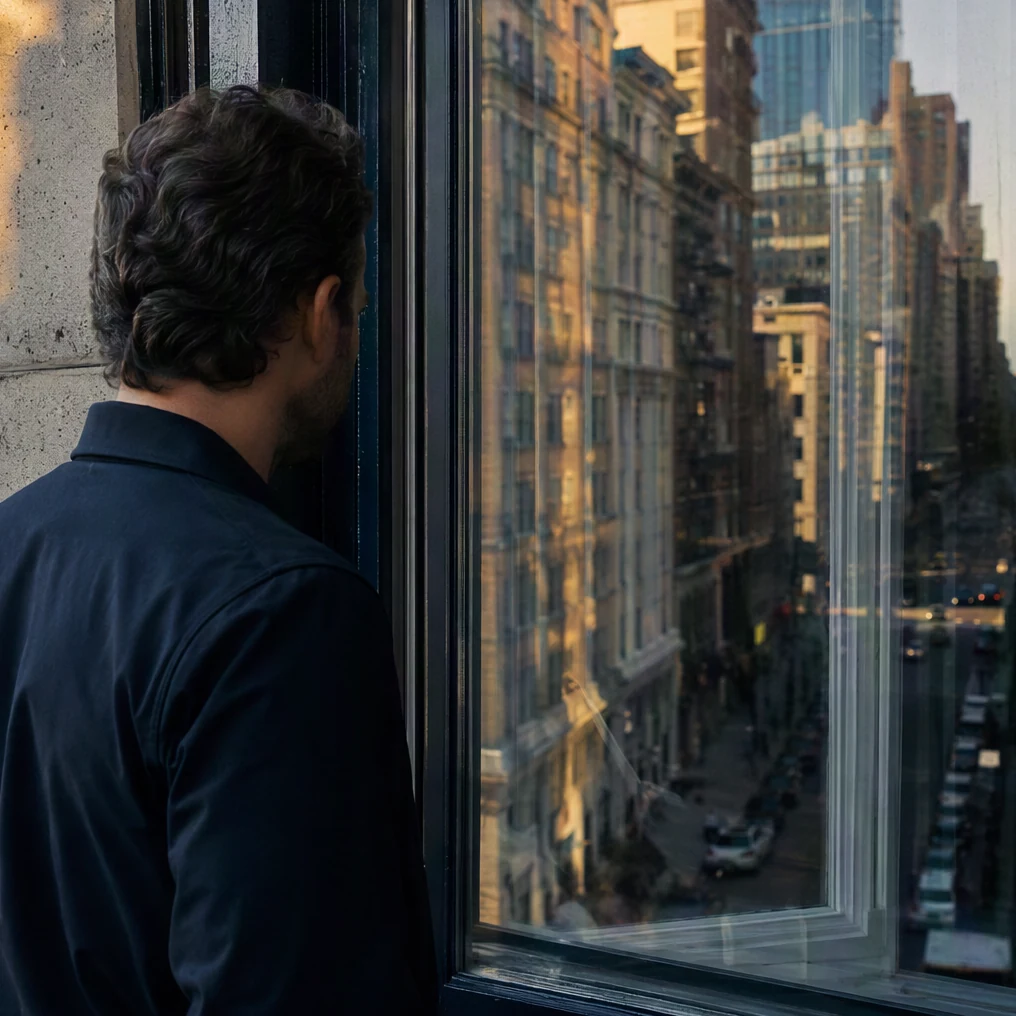 A person looks through a window reflecting a dense city street.