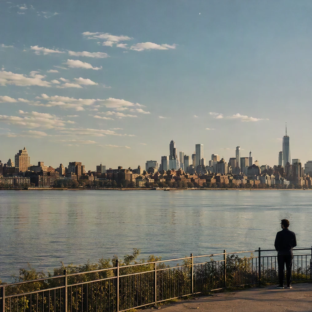 An expansive river and skyline place the person within a wider landscape.