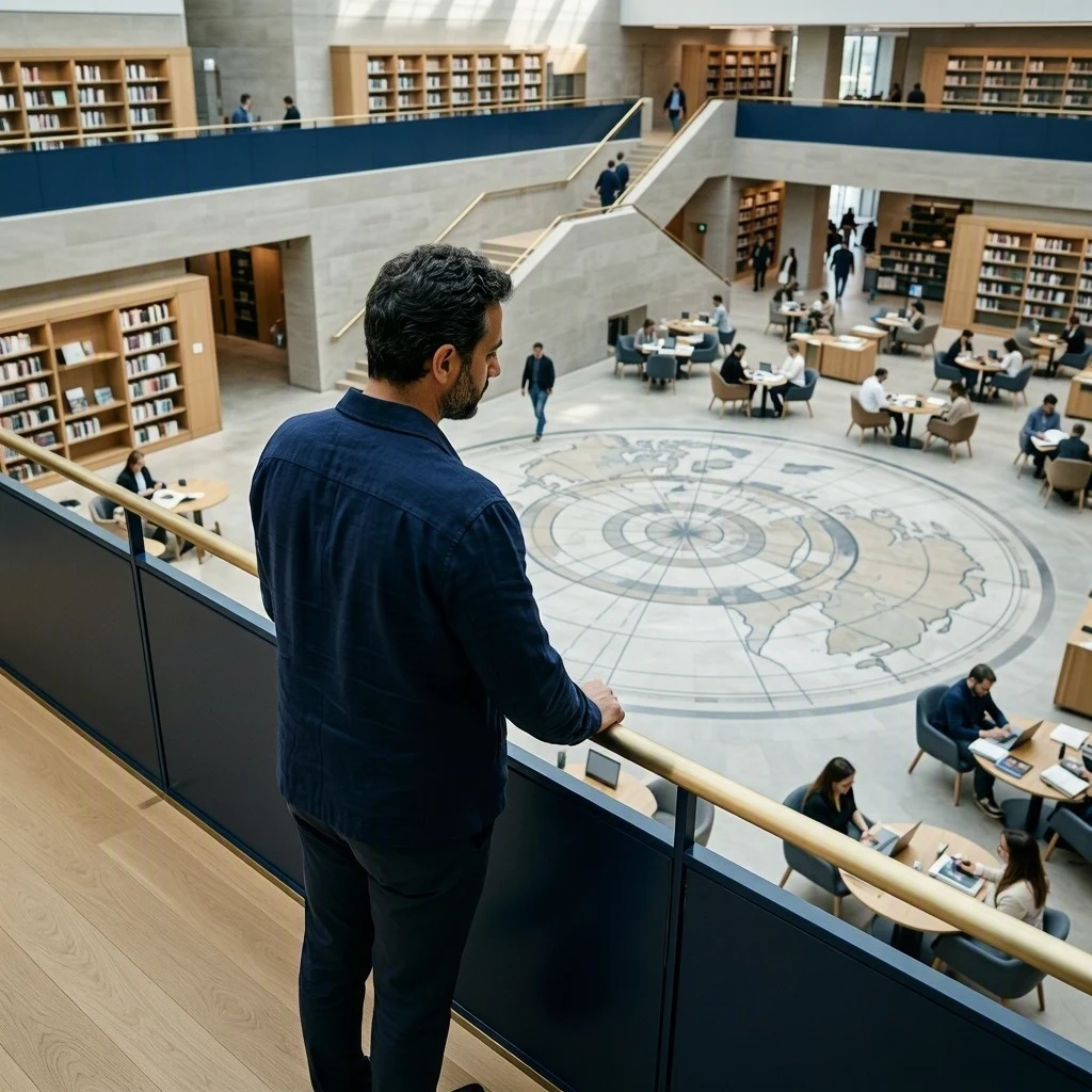 A man looks across a public library from an upper-level mezzanine.