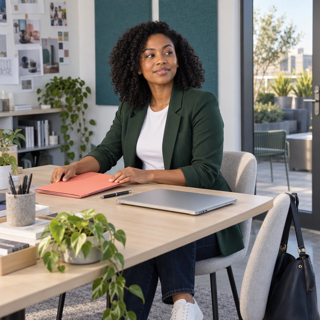The same professional closes her project folder and sets down her pen beside a closed laptop.