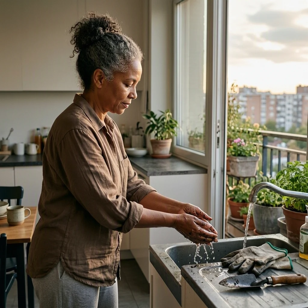 A woman washes soil from her hands after tending plants on her balcony.