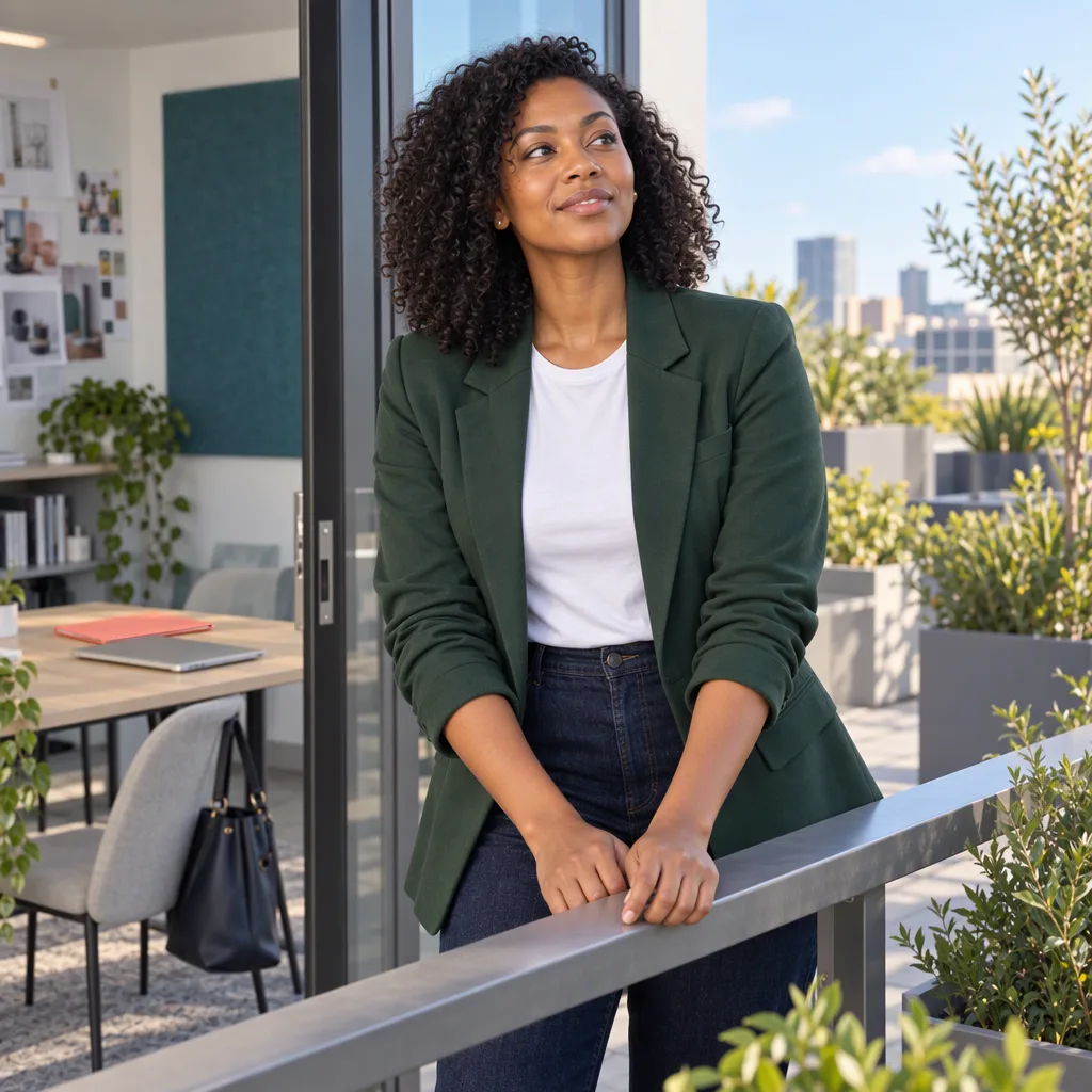 The professional takes a screen-free pause by the studio terrace rail, with her work materials left inside.