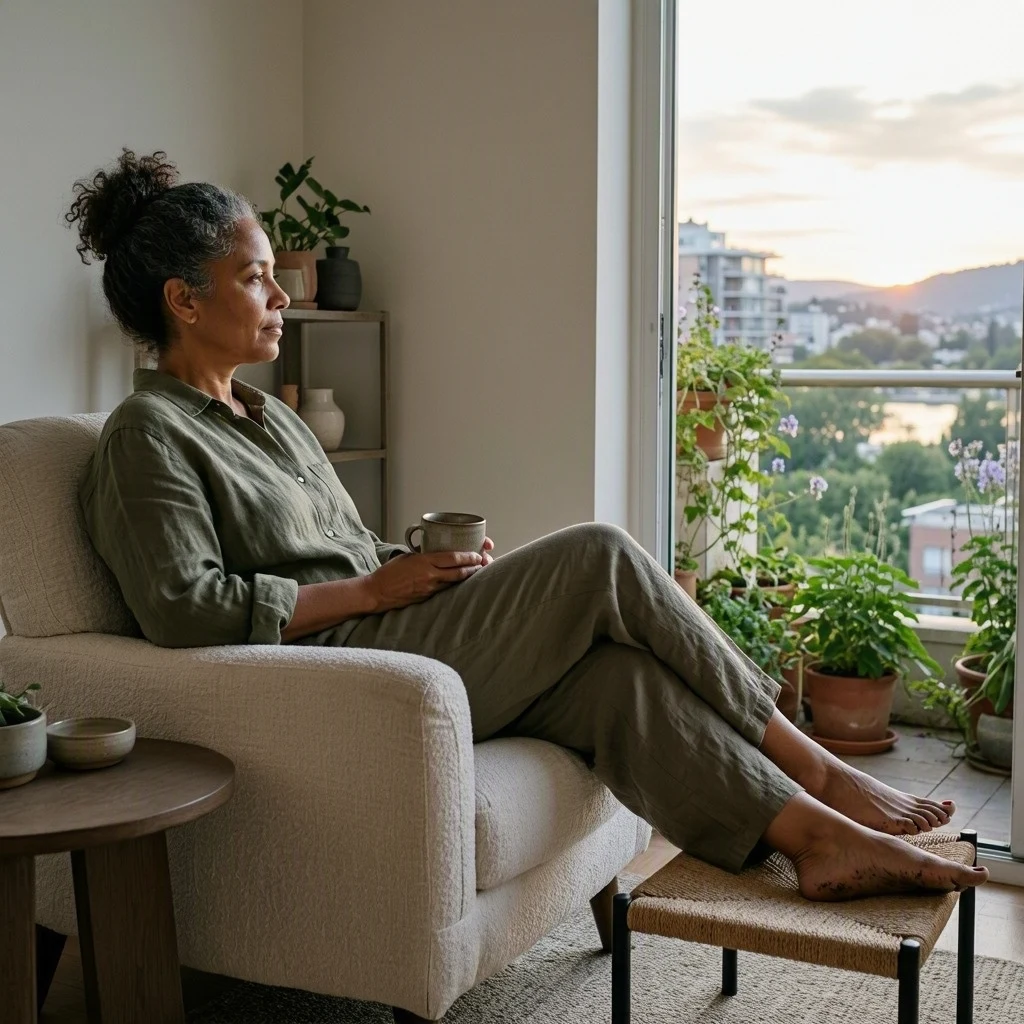 A woman rests in a chair beside her balcony after finishing the gardening.