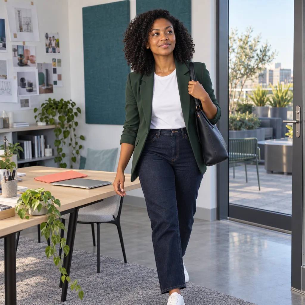 The professional leaves the studio with her shoulder bag while the folder and laptop remain on the desk.