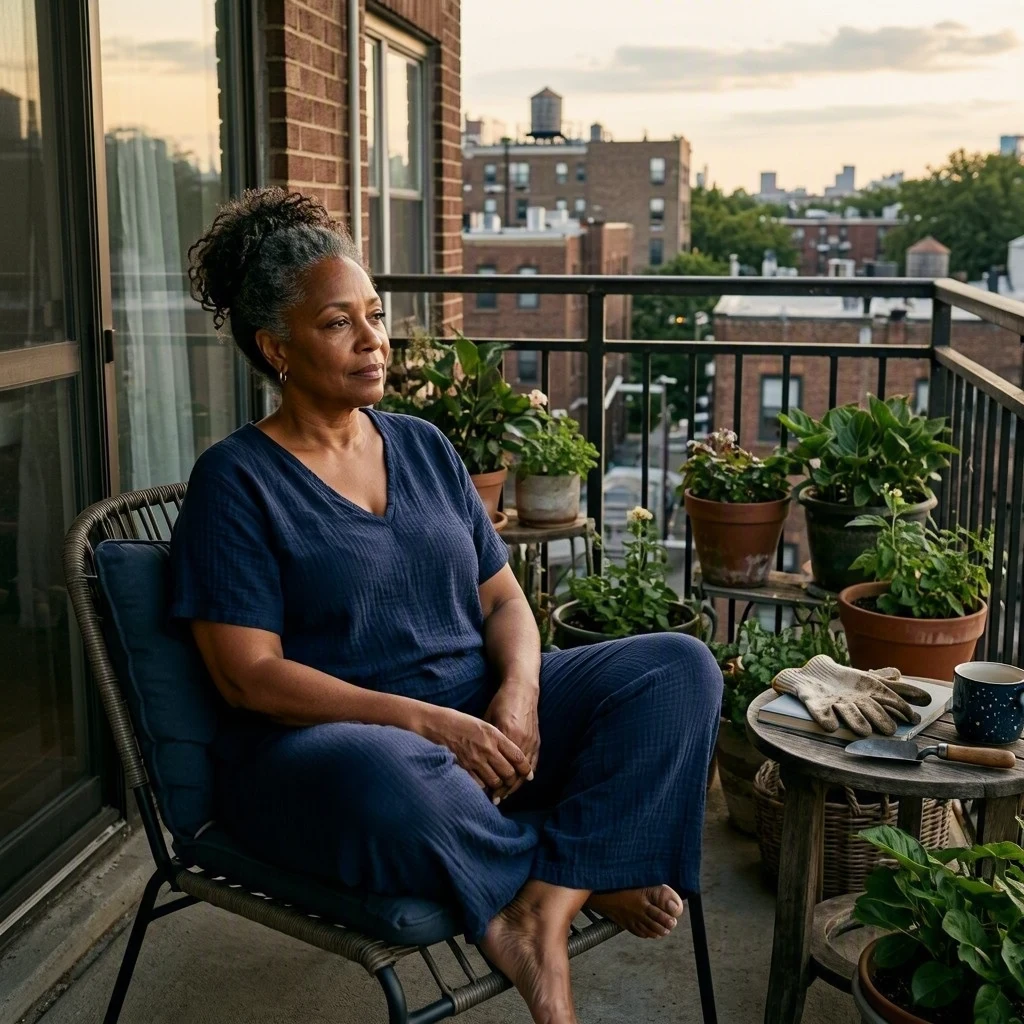 A woman rests on her balcony after tending a collection of potted plants.