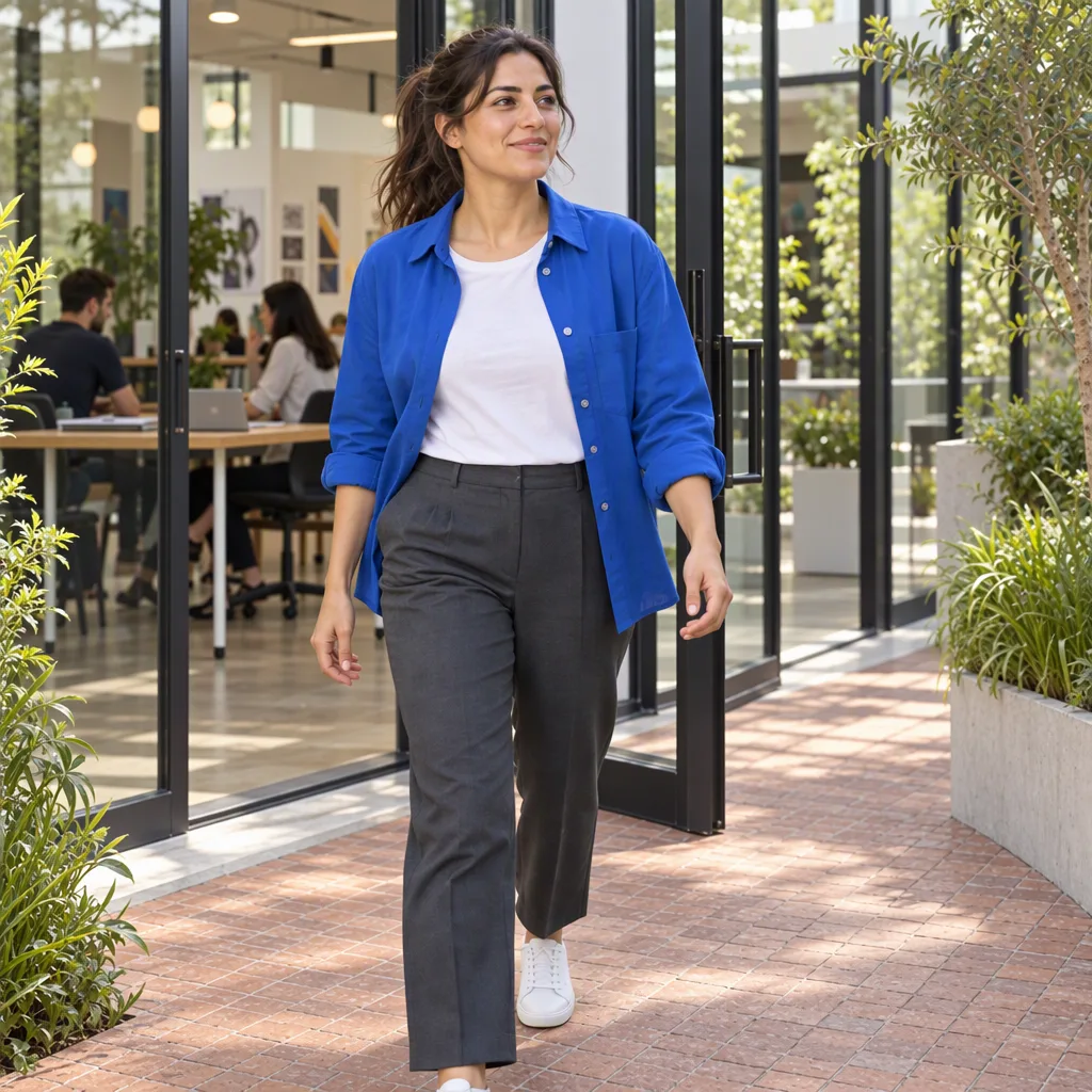The same professional steps out of the studio to begin a break between work sessions.