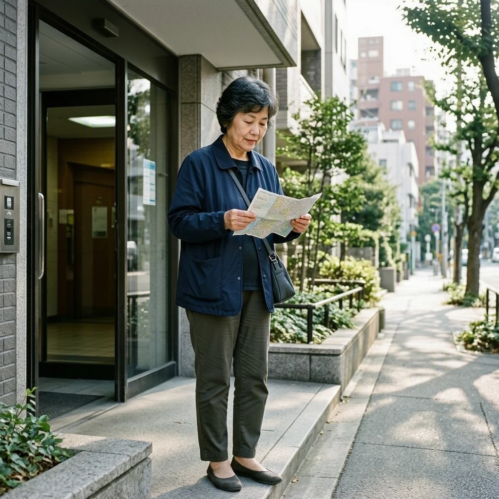A woman checks a neighborhood map outside her apartment before beginning a walk.
