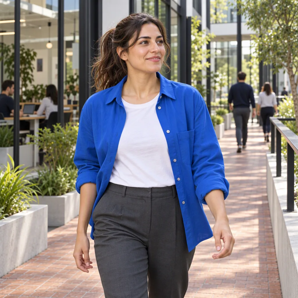The professional walks the longer level courtyard route between studio buildings.
