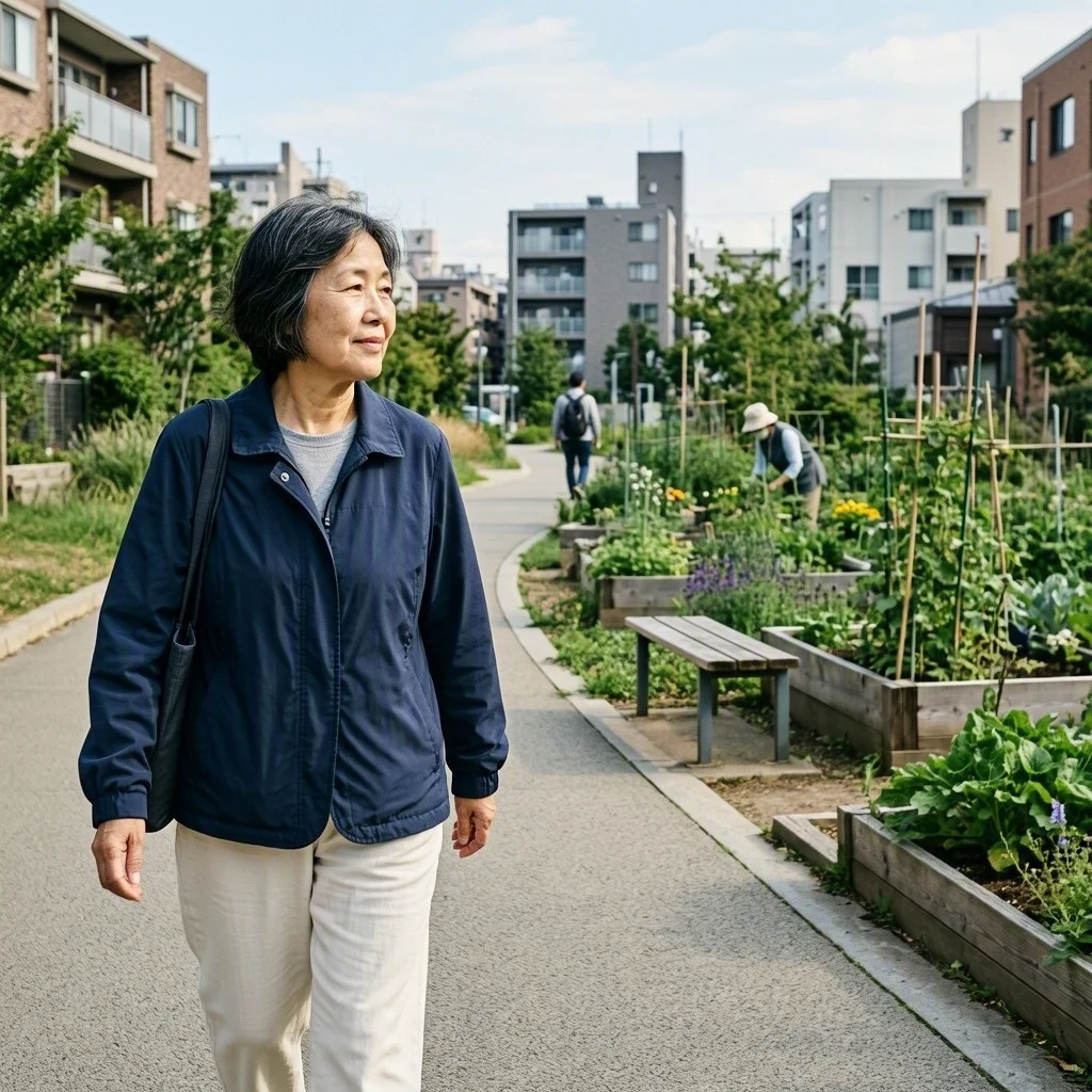 A woman walks beside a neighborhood community garden at an easy pace.