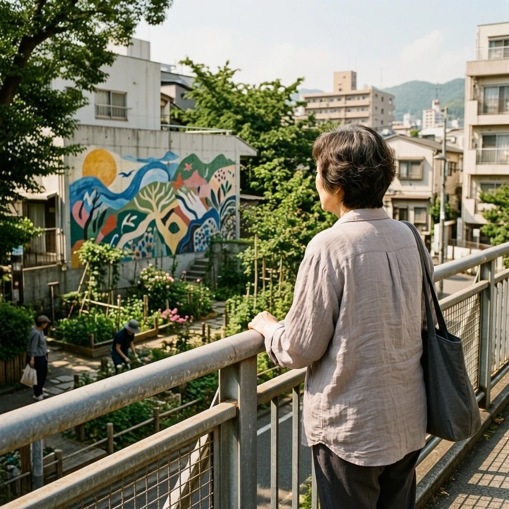 A woman pauses on a footbridge to look at a neighborhood mural and garden.