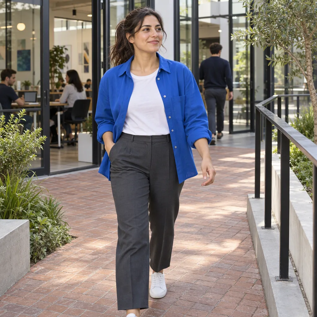 A younger professional takes an ordinary break along a bright design-studio courtyard route.