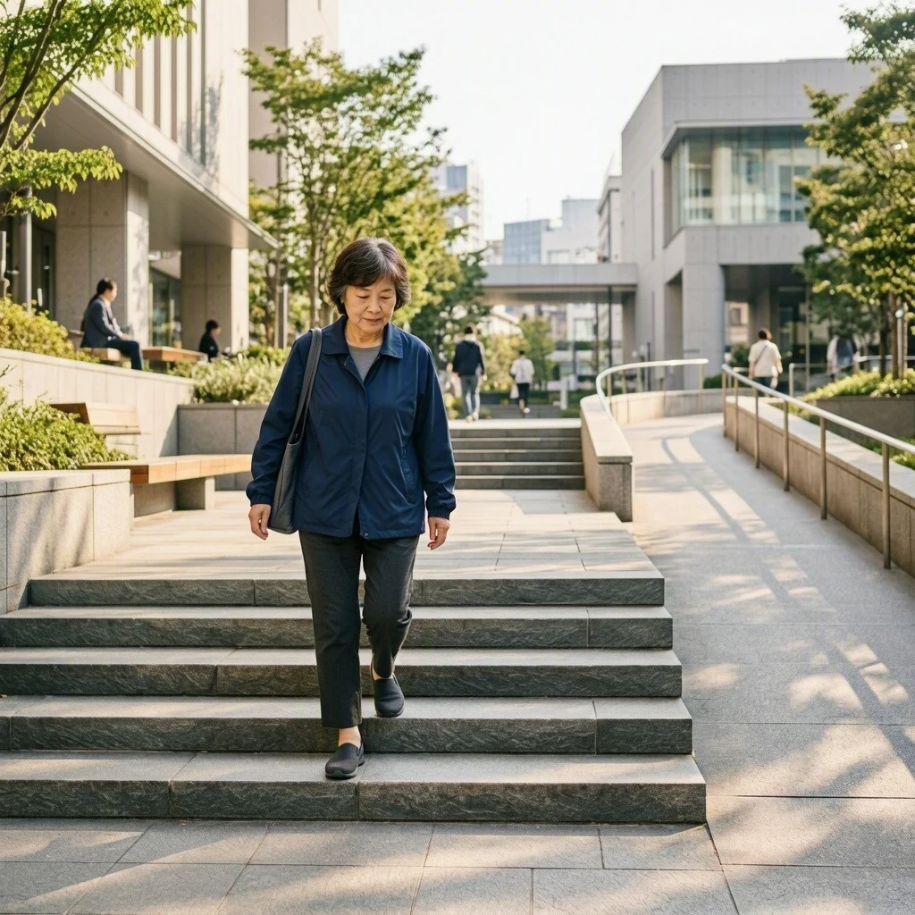 A woman takes the stairs through a landscaped public plaza.